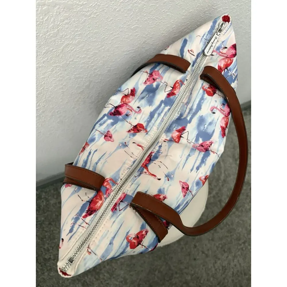 Tommy Bahama Flamingo Tote Bag Brown Faux Leather Straps Zip Top Beach Travel